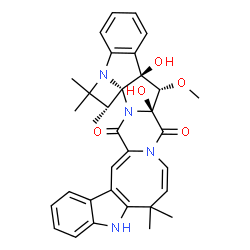 ChemSpider 2D Image | (10aS,11S,11aR,18R,18aS)-10a,11a-Dihydroxy-11-methoxy-6,6,17,17,18-pentamethyl-11,11a,17,18-tetrahydro-5H-azeto[1,2-a]indolo[3''',2''':4'',5'']azocino[1'',2'':4',5']pyrazino[1',2':1,5]pyrrolo[2,3-b]in
dole-10,20(6H,10aH)-dione | C33H34N4O5