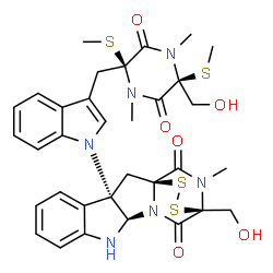 ChemSpider 2D Image | (1S,3S,11R,14S)-14-(Hydroxymethyl)-3-(3-{[(2S,5S)-5-(hydroxymethyl)-1,4-dimethyl-2,5-bis(methylsulfanyl)-3,6-dioxo-2-piperazinyl]methyl}-1H-indol-1-yl)-18-methyl-15,16-dithia-10,12,18-triazapentacyclo
[12.2.2.0~1,12~.0~3,11~.0~4,9~]octadeca-4,6,8-triene-13,17-dione | C33H36N6O6S4