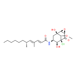 ChemSpider 2D Image | (2E,4E,6R)-N-[(1S,2S,4R,6S,7S,8S,10S)-6-Chloro-1,7-dihydroxy-10-methoxy-5-oxo-3-oxatricyclo[4.3.1.0~2,4~]dec-8-yl]-4,6-dimethyl-2,4-dodecadienamide | C24H36ClNO6