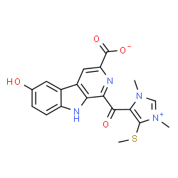 ChemSpider 2D Image | 1-{[1,3-Dimethyl-4-(methylsulfanyl)-1H-imidazol-3-ium-5-yl]carbonyl}-6-hydroxy-9H-beta-carboline-3-carboxylate | C19H16N4O4S