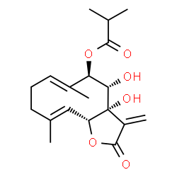 ChemSpider 2D Image | (3aS,4S,5R,10E,11aR)-3a,4-Dihydroxy-6,10-dimethyl-3-methylene-2-oxo-2,3,3a,4,5,8,9,11a-octahydrocyclodeca[b]furan-5-yl 2-methylpropanoate | C19H26O6