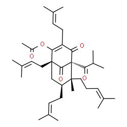 ChemSpider 2D Image | (1R,5S,6R,7S)-5-Isobutyryl-6-methyl-1,3,7-tris(3-methyl-2-buten-1-yl)-6-(4-methyl-3-penten-1-yl)-4,9-dioxobicyclo[3.3.1]non-2-en-2-yl acetate | C37H54O5