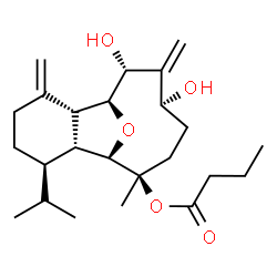 ChemSpider 2D Image | (1S,2R,6R,7R,8R,9R,12S,14R)-12,14-Dihydroxy-6-isopropyl-9-methyl-3,13-bis(methylene)-15-oxatricyclo[6.6.1.0~2,7~]pentadec-9-yl butyrate | C24H38O5
