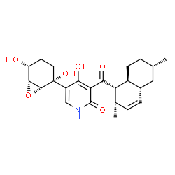 ChemSpider 2D Image | 5-[(1R,2R,5R,6R)-2,5-Dihydroxy-7-oxabicyclo[4.1.0]hept-2-yl]-3-{[(1S,2S,4aR,6S,8aS)-2,6-dimethyl-1,2,4a,5,6,7,8,8a-octahydro-1-naphthalenyl]carbonyl}-4-hydroxy-2(1H)-pyridinone | C24H31NO6