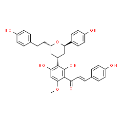 ChemSpider 2D Image | (2E)-1-(2,4-Dihydroxy-3-{(2R,4R,6S)-2-(4-hydroxyphenyl)-6-[2-(4-hydroxyphenyl)ethyl]tetrahydro-2H-pyran-4-yl}-6-methoxyphenyl)-3-(4-hydroxyphenyl)-2-propen-1-one | C35H34O8
