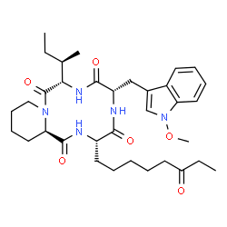 ChemSpider 2D Image | (3S,6S,9S,12R)-3-[(2R)-butan-2-yl]-6-[(1-methoxy-3-indolyl)methyl]-9-(6-oxooctyl)-1,4,7,10-tetrazabicyclo[10.4.0]hexadecane-2,5,8,11-tetrone | C34H49N5O6