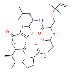 ChemSpider 2D Image | (4S,10S,16S,19S)-4-[(2R)-2-Butanyl]-19-isobutyl-16-{[(2-methyl-3-buten-2-yl)oxy]methyl}-21-thia-3,6,12,15,18,23-hexaazatricyclo[18.2.1.0~6,10~]tricosa-1(22),20(23)-diene-2,5,11,14,17-pentone | C30H46N6O6S
