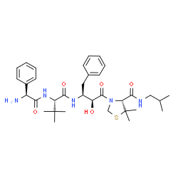 ChemSpider 2D Image | N~2~-[(2S)-2-Amino-2-phenylacetyl]-N-{(2S,3S)-3-hydroxy-4-[(4R)-4-(isobutylcarbamoyl)-5,5-dimethyl-1,3-thiazolidin-3-yl]-4-oxo-1-phenyl-2-butanyl}-3-methyl-L-valinamide | C34H49N5O5S