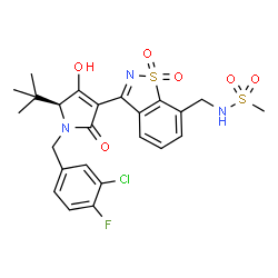 ChemSpider 2D Image | N-({3-[(5S)-5-tert-butyl-1-(3-chloro-4-fluorobenzyl)-4-hydroxy-2-oxo-2,5-dihydro-1H-pyrrol-3-yl]-1,1-dioxido-1,2-benzisothiazol-7-yl}methyl)methanesulfonamide | C24H25ClFN3O6S2