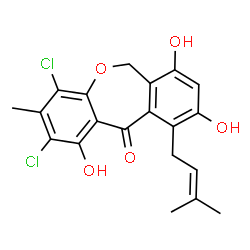 ChemSpider 2D Image | 2,4-Dichloro-1,7,9-trihydroxy-3-methyl-10-(3-methyl-2-buten-1-yl)dibenzo[b,e]oxepin-11(6H)-one | C20H18Cl2O5