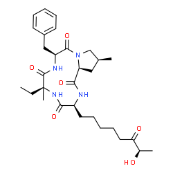 ChemSpider 2D Image | (3S,6S,9S,13S,14aS)-9-Benzyl-6-ethyl-3-[(7R)-7-hydroxy-6-oxooctyl]-6,13-dimethyldecahydropyrrolo[1,2-a][1,4,7,10]tetraazacyclododecine-1,4,7,10-tetrone | C30H44N4O6
