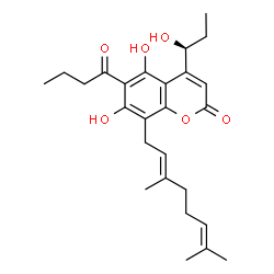 ChemSpider 2D Image | 6-Butyryl-8-[(2E)-3,7-dimethyl-2,6-octadien-1-yl]-5,7-dihydroxy-4-[(1S)-1-hydroxypropyl]-2H-chromen-2-one | C26H34O6
