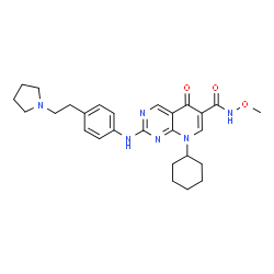 ChemSpider 2D Image | 8-Cyclohexyl-N-Methoxy-5-Oxo-2-{[4-(2-Pyrrolidin-1-Ylethyl)phenyl]amino}-5,8-Dihydropyrido[2,3-D]pyrimidine-6-Carboxamide | C27H34N6O3