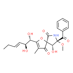 ChemSpider 2D Image | (5S,8S,9R)-8-Benzoyl-2-[(1S,2S,3E)-1,2-dihydroxy-3-hexen-1-yl]-9-hydroxy-8-methoxy-3-methyl-1-oxa-7-azaspiro[4.4]non-2-ene-4,6-dione | C22H25NO8