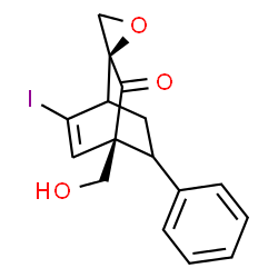 ChemSpider 2D Image | (2S,4R)-4-(Hydroxymethyl)-6-iodo-8-phenyl-3H-spiro[bicyclo[2.2.2]oct-5-ene-2,2'-oxiran]-3-one | C16H15IO3
