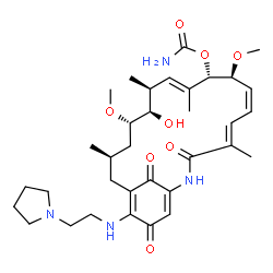 ChemSpider 2D Image | (4E,6Z,8S,9S,10E,12S,13R,14S,16R)-13-Hydroxy-8,14-dimethoxy-4,10,12,16-tetramethyl-3,20,22-trioxo-19-{[2-(1-pyrrolidinyl)ethyl]amino}-2-azabicyclo[16.3.1]docosa-1(21),4,6,10,18-pentaen-9-yl carbamate | C34H50N4O8