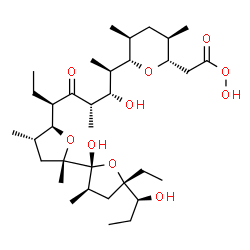 ChemSpider 2D Image | {(2S,3R,5S,6S)-6-[(2R,3S,4S,6R)-6-{(2S,2'R,3'R,4S,5S,5'S)-5'-Ethyl-2'-hydroxy-5'-[(1S)-1-hydroxypropyl]-2,3',4-trimethyloctahydro-2,2'-bifuran-5-yl}-3-hydroxy-4-methyl-5-oxo-2-octanyl]-3,5-dimethyltet
rahydro-2H-pyran-2-yl}ethaneperoxoic acid | C34H60O10