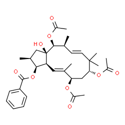 ChemSpider 2D Image | (1S,2S,3aR,4S,5S,6E,9R,11R,12E,13aS)-4,9,11-Triacetoxy-3a-hydroxy-2,5,8,8,12-pentamethyl-2,3,3a,4,5,8,9,10,11,13a-decahydro-1H-cyclopenta[12]annulen-1-yl benzoate | C33H44O9