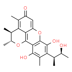 ChemSpider 2D Image | (2R,3S)-8,11-Dihydroxy-9-[(2S,3S)-3-hydroxy-2-butanyl]-2,3,4,10-tetramethyl-2,3-dihydro-5H-pyrano[4,3,2-kl]xanthen-5-one | C23H26O6