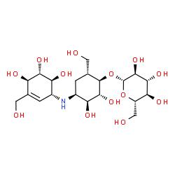 ChemSpider 2D Image | (1R,2R,3S,4S,6R)-2,3-Dihydroxy-6-(hydroxymethyl)-4-{[(1R,4R,5S,6S)-4,5,6-trihydroxy-3-(hydroxymethyl)-2-cyclohexen-1-yl]amino}cyclohexyl beta-L-glucopyranoside | C20H35NO13