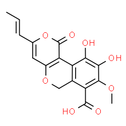 ChemSpider 2D Image | 9,10-Dihydroxy-8-methoxy-1-oxo-3-[(1E)-1-propen-1-yl]-1H,6H-pyrano[4,3-c]isochromene-7-carboxylic acid | C17H14O8