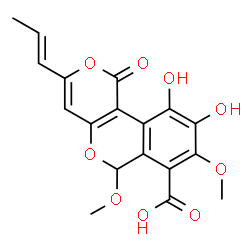 ChemSpider 2D Image | 9,10-Dihydroxy-6,8-dimethoxy-1-oxo-3-[(1E)-1-propen-1-yl]-1H,6H-pyrano[4,3-c]isochromene-7-carboxylic acid | C18H16O9
