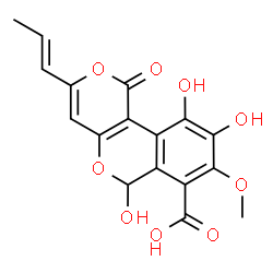 ChemSpider 2D Image | 6,9,10-Trihydroxy-8-methoxy-1-oxo-3-[(1E)-1-propen-1-yl]-1H,6H-pyrano[4,3-c]isochromene-7-carboxylic acid | C17H14O9
