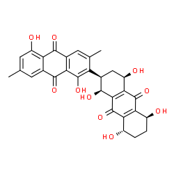 ChemSpider 2D Image | (1S,2R,4R,5S,8S)-1,1',4,5,5',8-Hexahydroxy-3',7'-dimethyl-1,2,3,4,5,6,7,8-octahydro-2,2'-bianthracene-9,9',10,10'-tetrone | C30H26O10