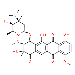 ChemSpider 2D Image | (1R,2R,3R)-3,10,12-Trihydroxy-2,7-dimethoxy-3-methyl-4,6,11-trioxo-1,2,3,4,6,11-hexahydro-1-tetracenyl 2,3,6-trideoxy-3-(dimethylamino)-3-methyl-alpha-L-lyxo-hexopyranoside | C30H35NO11