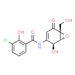 ChemSpider 2D Image | 3-Chloro-2-hydroxy-N-[(1R,2S,6R)-2-hydroxy-6-(hydroxymethyl)-5-oxo-7-oxabicyclo[4.1.0]hept-3-en-3-yl]benzamide | C14H12ClNO6