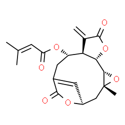 ChemSpider 2D Image | (1R,3R,5S,6S,10R,11S)-3-Methyl-9-methylene-8,14-dioxo-4,7,15-trioxatetracyclo[11.2.1.0~3,5~.0~6,10~]hexadec-13(16)-en-11-yl 3-methyl-2-butenoate | C20H22O7