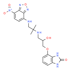 ChemSpider 2D Image | 4-[2-Hydroxy-3-({2-methyl-1-[(7-nitro-2,1,3-benzoxadiazol-4-yl)amino]-2-propanyl}amino)propoxy]-1,3-dihydro-2H-benzimidazol-2-one | C20H23N7O6