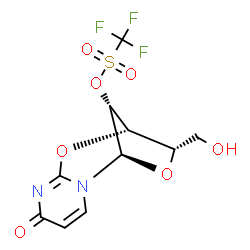 ChemSpider 2D Image | (1R,9S,10S,12R)-10-(Hydroxymethyl)-5-oxo-8,11-dioxa-2,6-diazatricyclo[7.2.1.0~2,7~]dodeca-3,6-dien-12-yl trifluoromethanesulfonate | C10H9F3N2O7S