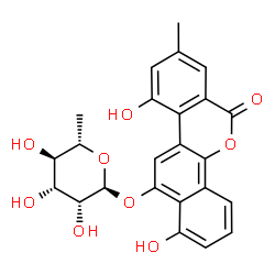 ChemSpider 2D Image | 1,10-Dihydroxy-8-methyl-6-oxo-6H-dibenzo[c,h]chromen-12-yl 6-deoxy-alpha-L-mannopyranoside | C24H22O9