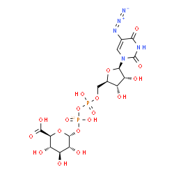ChemSpider 2D Image | (2S,3S,4S,5R,6R)-6-{[{[{[(2R,3S,4R,5R)-5-(5-Azido-2,4-dioxo-3,4-dihydro-1(2H)-pyrimidinyl)-3,4-dihydroxytetrahydro-2-furanyl]methoxy}(hydroxy)phosphoryl]oxy}(hydroxy)(~32~P)phosphoryl]oxy}-3,4,5-trihy
droxytetrahydro-2H-pyran-2-carboxylic acid | C15H22N5O18P2