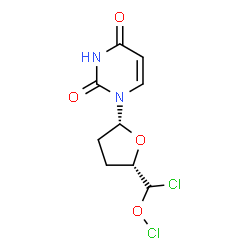 ChemSpider 2D Image | (R)-Chloro[(2S,5R)-5-(2,4-dioxo-3,4-dihydro-1(2H)-pyrimidinyl)tetrahydro-2-furanyl]methyl hypochlorite | C9H10Cl2N2O4