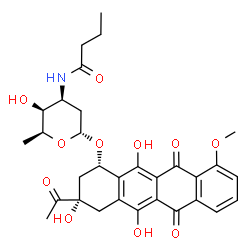 ChemSpider 2D Image | (1S,3S)-3-Acetyl-3,5,12-trihydroxy-10-methoxy-6,11-dioxo-1,2,3,4,6,11-hexahydro-1-tetracenyl 3-(butyrylamino)-2,3,6-trideoxy-alpha-L-lyxo-hexopyranoside | C31H35NO11