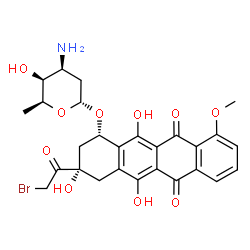 ChemSpider 2D Image | (1S,3S)-3-(Bromoacetyl)-3,5,12-trihydroxy-10-methoxy-6,11-dioxo-1,2,3,4,6,11-hexahydro-1-tetracenyl 3-amino-2,3,6-trideoxy-alpha-L-lyxo-hexopyranoside | C27H28BrNO10