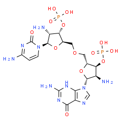ChemSpider 2D Image | (2R,3S,4R,5R)-4-Amino-2-({[(2R,3S,4R,5R)-4-amino-5-(2-amino-6-oxo-3,6-dihydro-9H-purin-9-yl)-3-(phosphonooxy)tetrahydro-2-furanyl]methoxy}methyl)-5-(4-amino-2-oxo-1(2H)-pyrimidinyl)tetrahydro-3-furany
l dihydrogen phosphate | C19H28N10O13P2