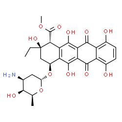 ChemSpider 2D Image | Methyl (1R,2R,4S)-4-[(3-amino-2,3,6-trideoxy-alpha-L-lyxo-hexopyranosyl)oxy]-2-ethyl-2,5,7,10,12-pentahydroxy-6,11-dioxo-1,2,3,4,6,11-hexahydro-1-tetracenecarboxylate | C28H31NO12