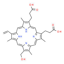 ChemSpider 2D Image | 3,3'-[8-(Hydroxymethyl)-3,7,12,17-tetramethyl-13-vinyl-2,18-porphyrindiyl]dipropanoic acid | C33H34N4O5
