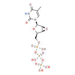 ChemSpider 2D Image | 1-[2,3-Anhydro-5-O-(hydroxy{[hydroxy(phosphonooxy)phosphoryl]oxy}phosphoryl)-beta-D-lyxofuranosyl]-5-methyl-2,4(1H,3H)-pyrimidinedione | C10H15N2O14P3