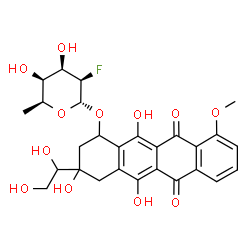 ChemSpider 2D Image | 3-(1,2-Dihydroxyethyl)-3,5,12-trihydroxy-10-methoxy-6,11-dioxo-1,2,3,4,6,11-hexahydro-1-tetracenyl 2,6-dideoxy-2-fluoro-alpha-L-talopyranoside | C27H29FO12