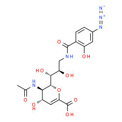 ChemSpider 2D Image | (6R)-5-Acetamido-2,6-anhydro-6-{(1R,2R)-3-[(4-azido-2-hydroxybenzoyl)amino]-1,2-dihydroxypropyl}-3,5-dideoxy-L-threo-hex-2-enonic acid | C18H22N5O9