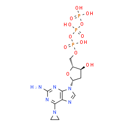 ChemSpider 2D Image | [(2R,3S,5R)-5-[2-amino-6-(aziridin-1-yl)purin-9-yl]-3-hydroxy-tetrahydrofuran-2-yl]methyl (hydroxy-phosphonooxy-phosphoryl) hydrogen phosphate | C12H19N6O12P3