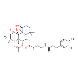 ChemSpider 2D Image | (3R,4aR,5S,6S,6aS,10S,10aR,10bS)-10,10b-Dihydroxy-6-({[2-({3-[4-hydroxy-3-(~125~I)iodophenyl]propanoyl}amino)ethyl]carbamoyl}oxy)-3,4a,7,7,10a-pentamethyl-1-oxo-3-vinyldodecahydro-1H-benzo[f]chromen-5
-yl acetate | C34H47IN2O10