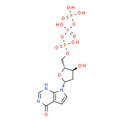 ChemSpider 2D Image | 7-[2-Deoxy-5-O-(hydroxy{[hydroxy(phosphonooxy)phosphoryl]oxy}phosphoryl)-beta-D-erythro-pentofuranosyl]-1,7-dihydro-4H-pyrrolo[2,3-d]pyrimidin-4-one | C11H16N3O13P3