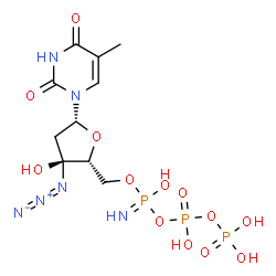 ChemSpider 2D Image | 3'-C-Azido-5'-O-(P-hydroxy-P-{[hydroxy(phosphonooxy)phosphoryl]oxy}phosphorimidoyl)thymidine | C10H18N6O13P3