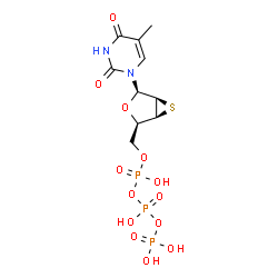 ChemSpider 2D Image | 1-[2,3-Anhydro-5-O-(hydroxy{[hydroxy(phosphonooxy)phosphoryl]oxy}phosphoryl)-2-thio-beta-D-lyxofuranosyl]-5-methyl-2,4(1H,3H)-pyrimidinedione | C10H15N2O13P3S