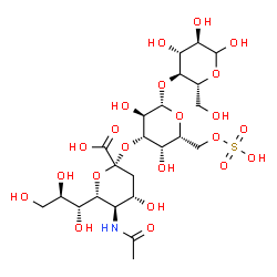 ChemSpider 2D Image | (6R)-5-Acetamido-3,5-dideoxy-6-[(1R,2R)-1,2,3-trihydroxypropyl]-beta-L-threo-hex-2-ulopyranonosyl-(2->3)-6-O-sulfo-beta-D-galactopyranosyl-(1->4)-D-glucopyranose | C23H39NO22S